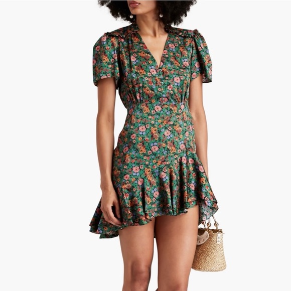 SANDRO Ruffled floral-print twill Floral Green mini Dress  NEW - Picture 1 of 12